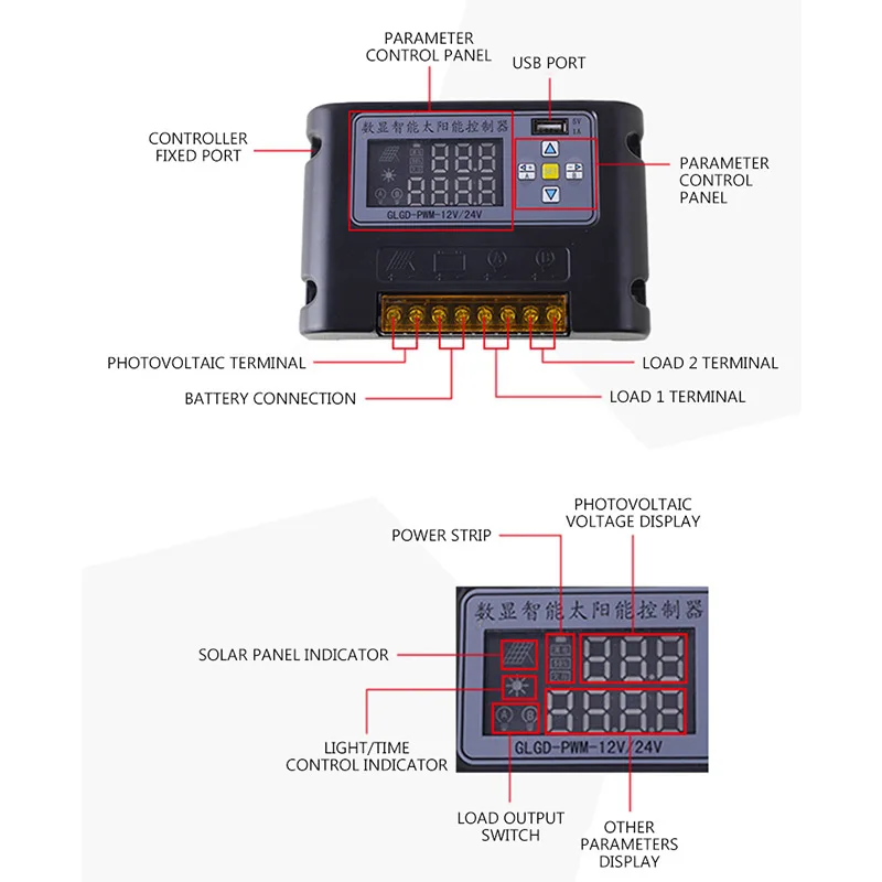 Solar Controller 12V 24V 30A with USB Dual output Digital display Controller Automatic Identification Light control timing