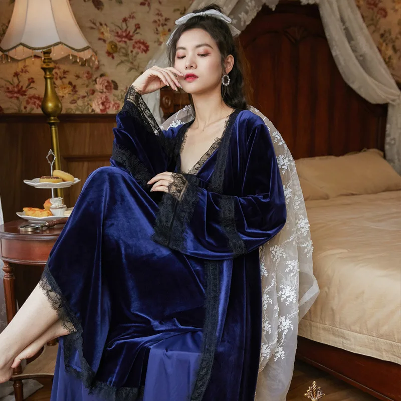 Autumn Winter Velour Robe Sets Women Two Pieces Sexy Lace V Neck Long Night Dress Velvet Sleepwear Vintage Nightgowns Nightwear