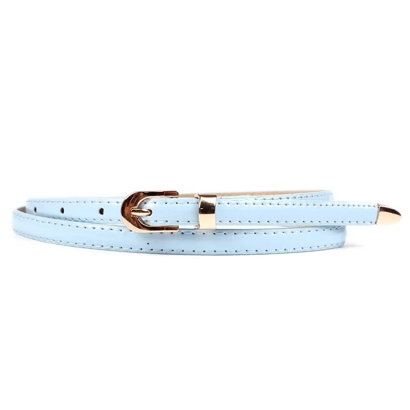 

Blue Thin Ladies Leather Belt Women Golden Pin Buckle for Belt Fashion Narrow Solid Female Waist Belt for Dresses Black White