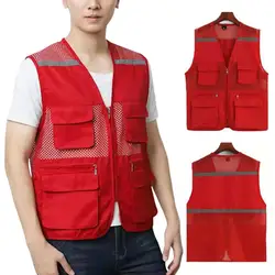 Summer Fishing Waistcoat Lightweight Director Fishing Camping Vest with Reflective Stripes Multi Pockets for Men Breathable Mesh