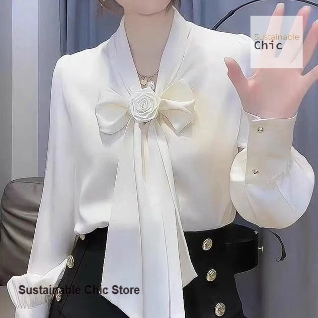 

French white bow tie-up long-sleeved shirt women's spring and autumn new fashion temperament cover belly casual Joker top.