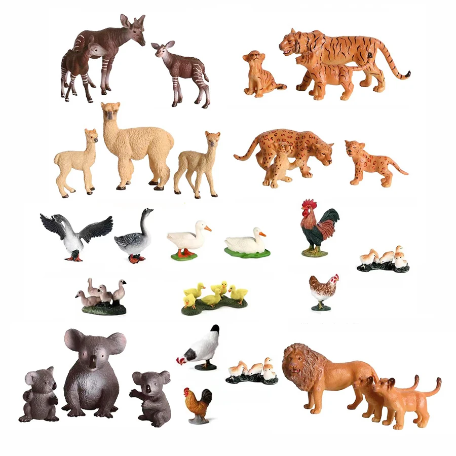 Simulation Farm Poultry,Wild Animal with Cubs Toy Set,Chicken Duck Goose Lion,Tiger,Alpaca,Koala Model Figurine for Kids