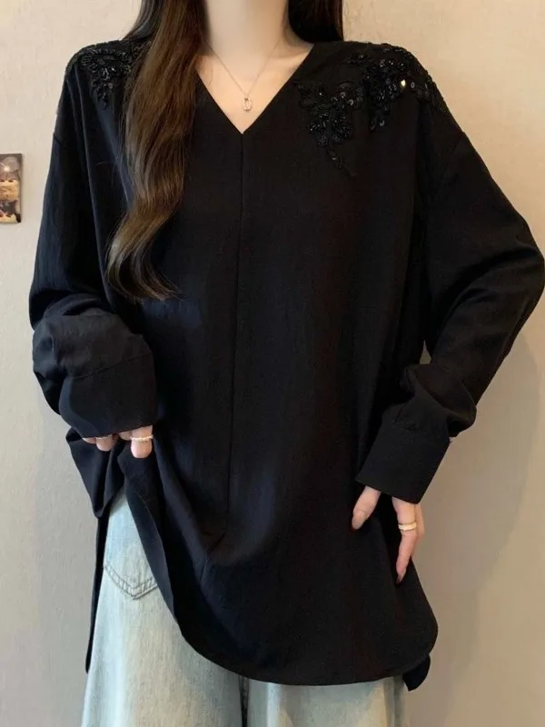 

Ele Bla Sequin Embroidery V-Ne Long Sve irt Women's plus Size Mid-Length Casual Sle Polyester Fiber irt