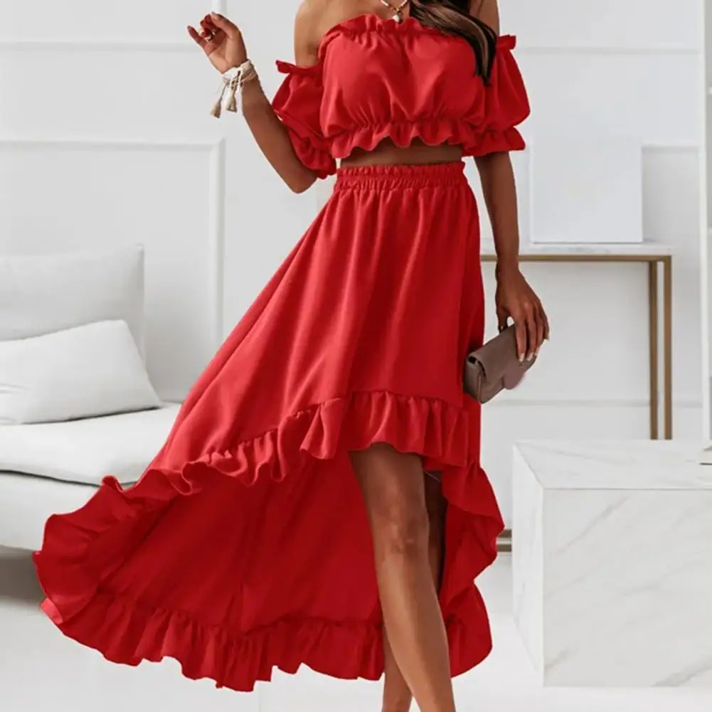 2 Pcs/Set Women Skirt Set Solid Color Ruffle Shoulder-less Breathable Mini Summer Top Set Maxi Dresses Robe Femme for Prom