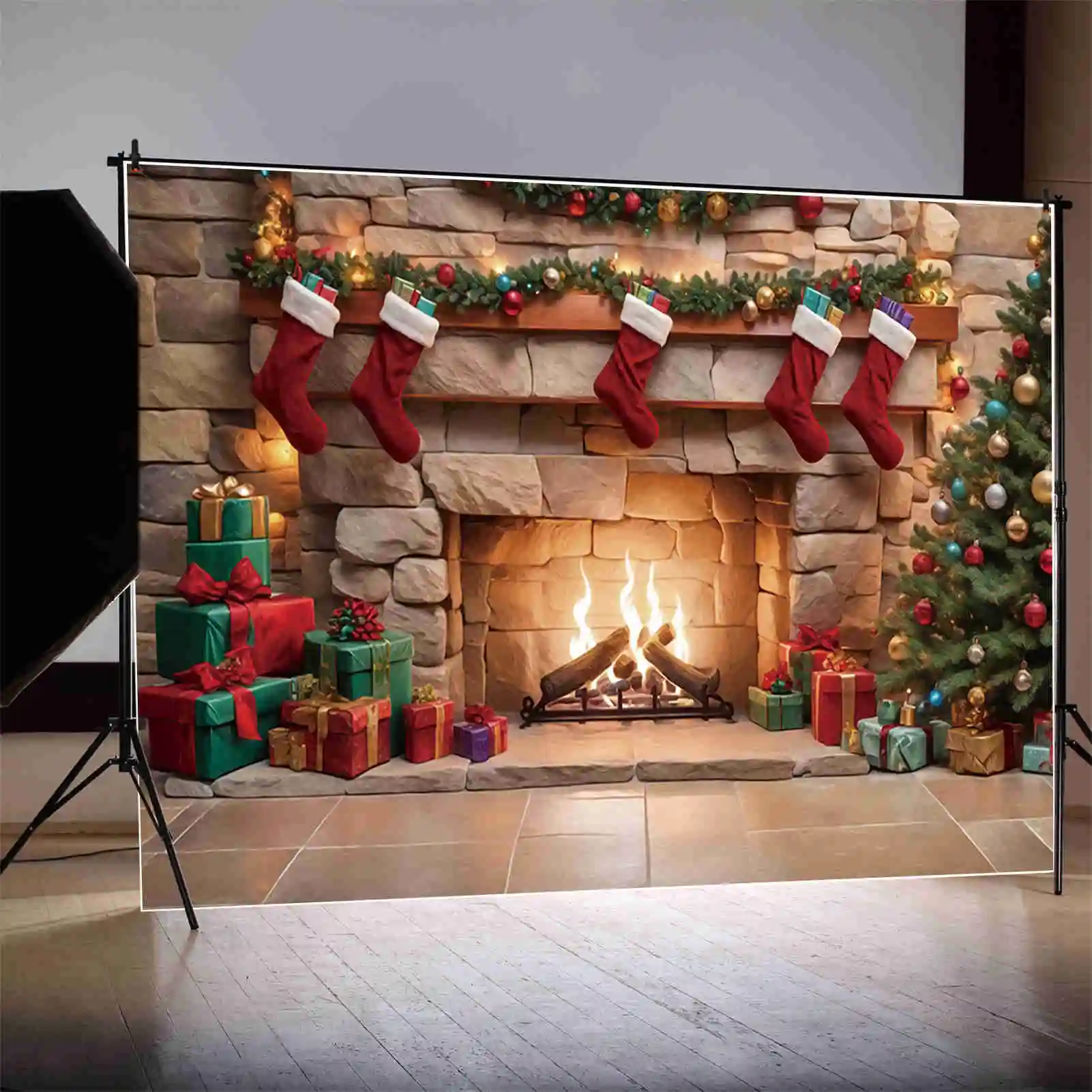 MOON.QG Christmas Brick Fireplace Christmas Tree Backdrops Tree Indoor Stove Frame Backgrounds Party Photography Accessories