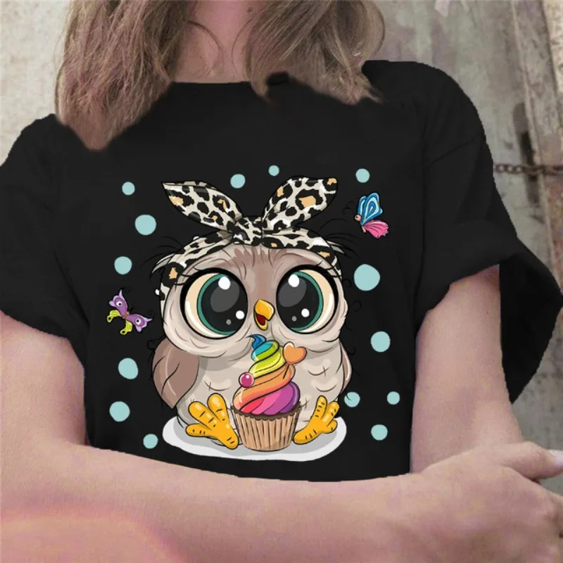 New Cute Owl Print Women's Casual Harajuku Round Neck T-shirt Graphic T Shirts Kawaii Aesthetic Clothes Harajuku Pro Choice Tee