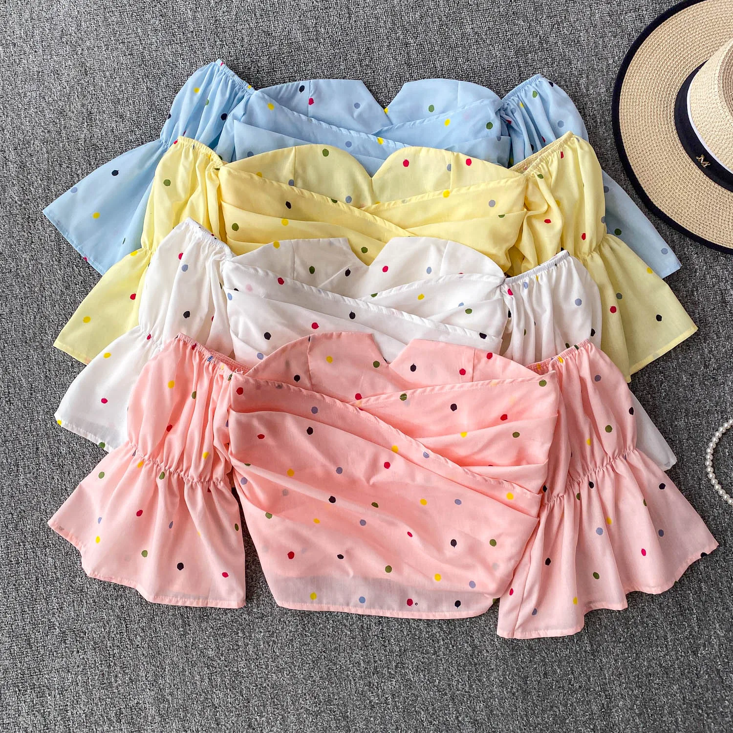 

French Sweet Polka Dot Blouses Women Summer Temperament Slash Neck Pleated Cross Slim Fit Crop Top Korean Style Women's Clothing