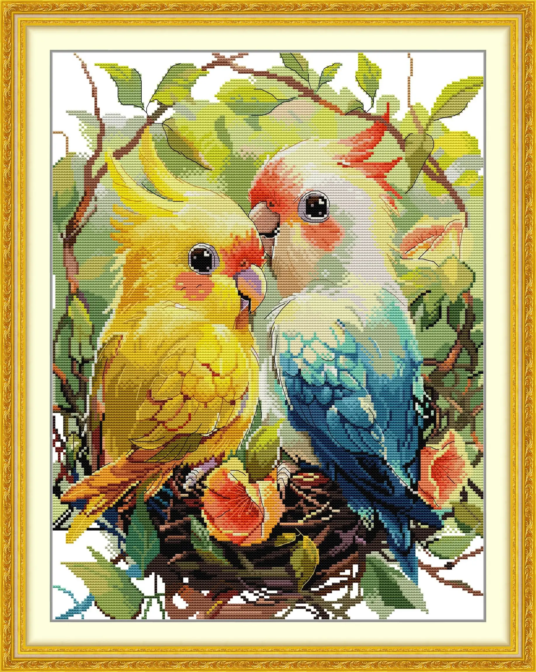 

Maydear Full Cross Stitch Kit, 11CT/14CT/16CT/9CT Aida Fabric,DMC Threads Sewing Pattern Embroidery Set-A pair of parrots.