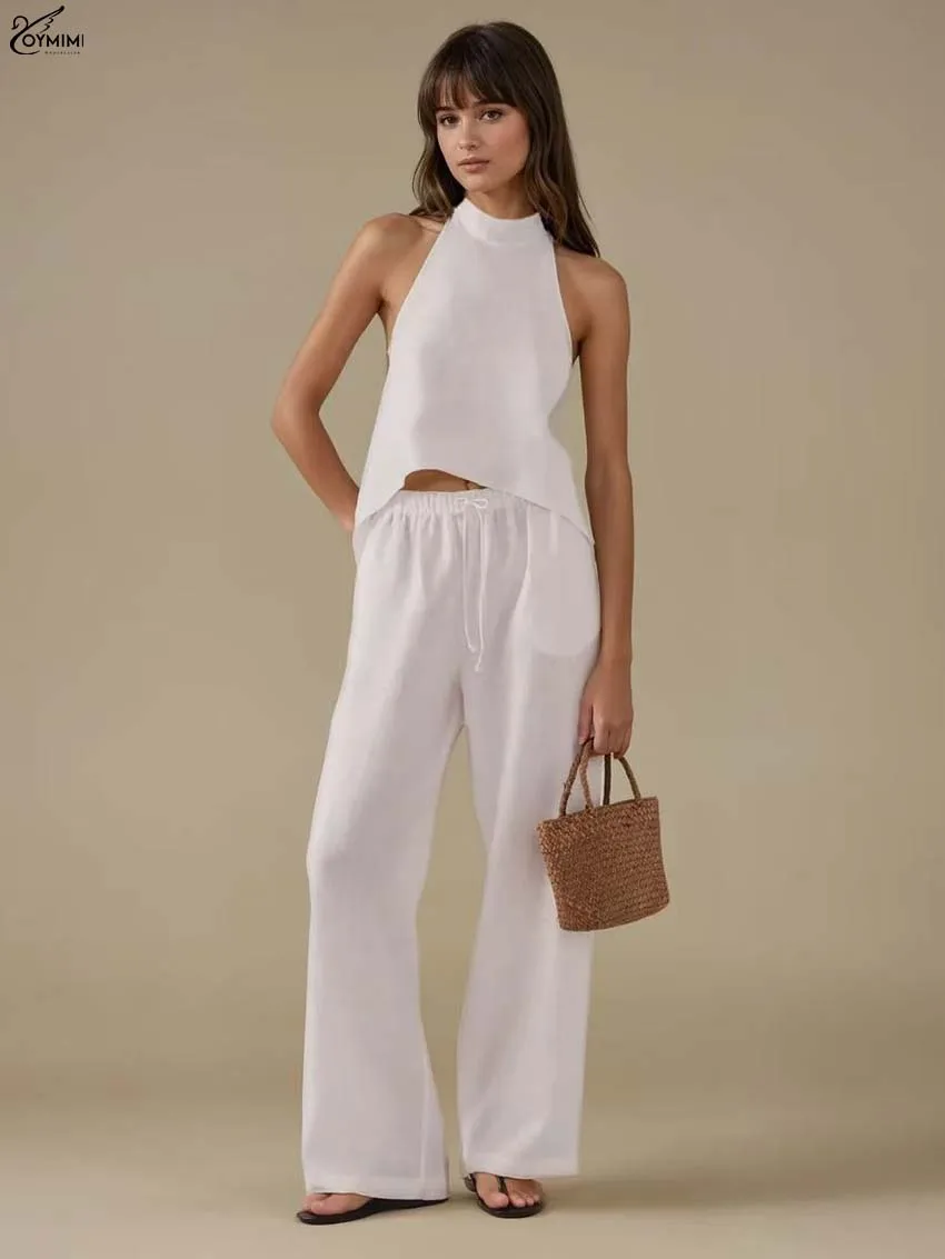Oymimi Elegant White Cotton Woman 2 Piece Set Outfit Fashion O-Neck Sleeveless Open Back Lace-Up Tops + Drawstring Trousers Sets