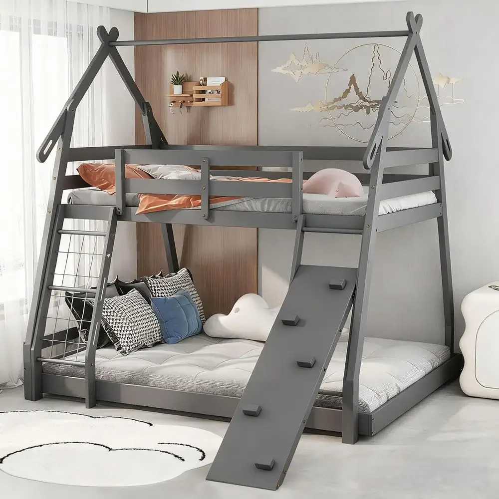 

KOTEK Twin Over Queen Bunk Bed, House Bunk Beds with Climand p, No Box Spring Needed, Solid Wood Low Bunk Bed e or Kids Boys Gir