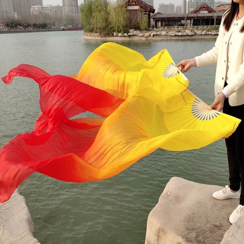 عالية الجودة الحرير الرقص الشرقي مروحة 1 زوج من الراقصات الصينية المصبوغة يدويا ممارسة خيوط طويلة مروحة الرقص الدعائم التدرج اللون