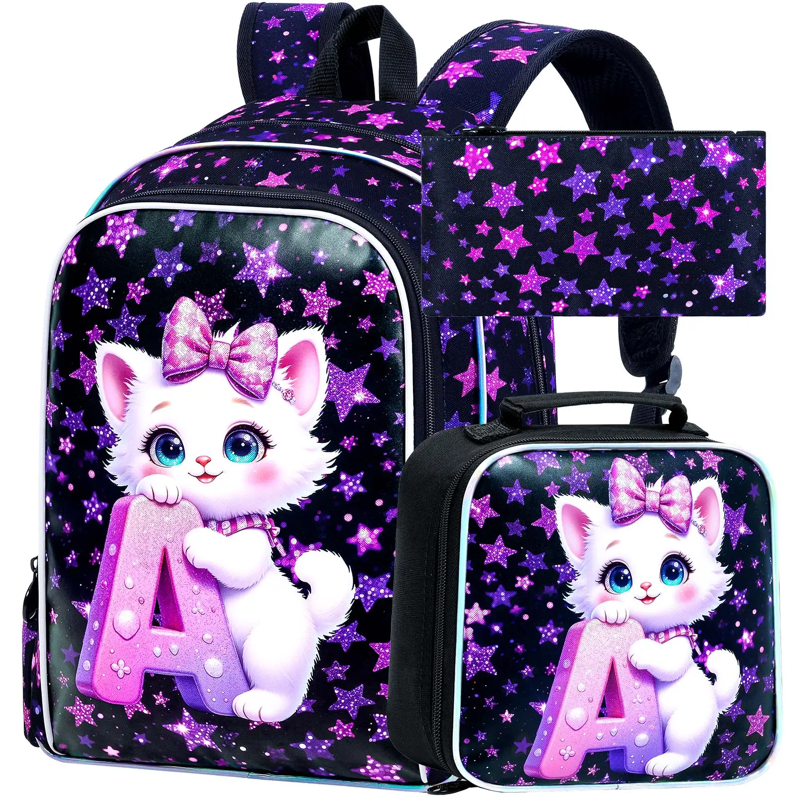 女の子用スターキャットバックパック3点セット、16インチグリッターレターaスクールバッグ、ランチボックス、ペンシルケース付き