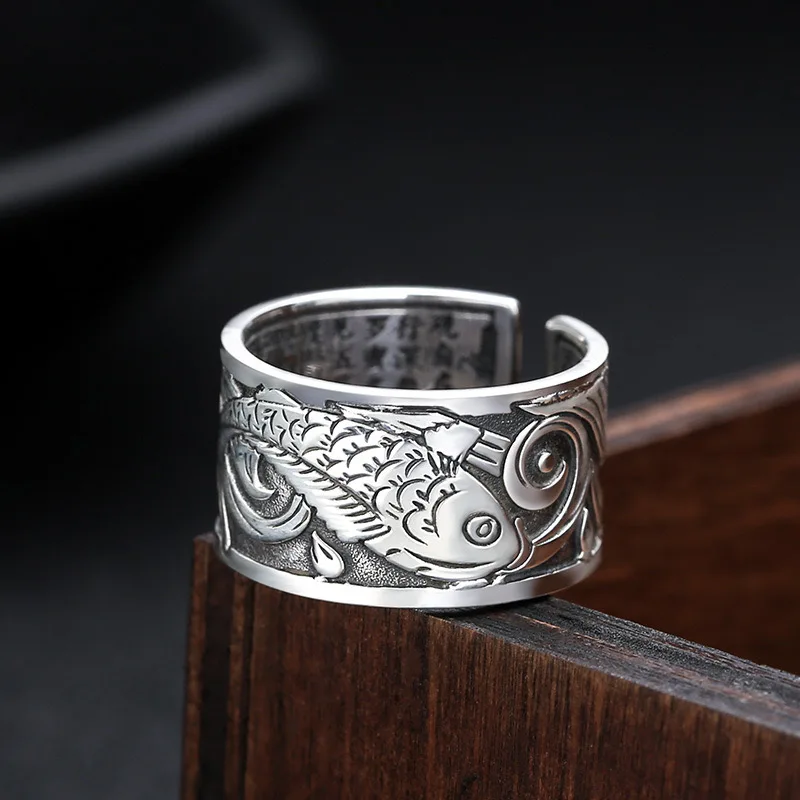 

S999 Vintage Thai Silver Heart Sutra Carp Ring Men's and women's open personality trend wide adjustable ring