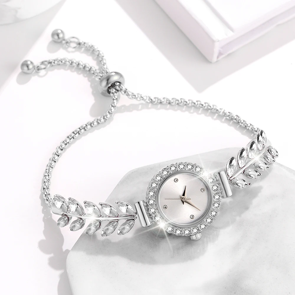 6PCS Silver Women Watch Light Luxury Dial Quartz Wristwatch Wheat Ear Telescopic Bracelet Strap Watch Jewelry Set Gift For Girls