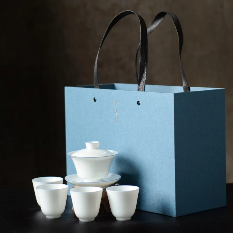 Handmade Sweet White Cover Teacup Three-Piece Tea Bowl White Porcelain Jingdezhen Porcelain Kung Fu Tea Set Tea Brewing Bowl Fou