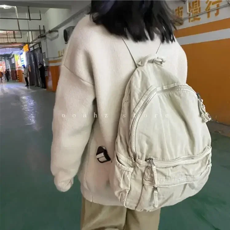 Mochila de algodão coreano vintage para meninas, unissex, casual, sólida, de alta capacidade, zíper, softback, simples, bolsas de ombro
