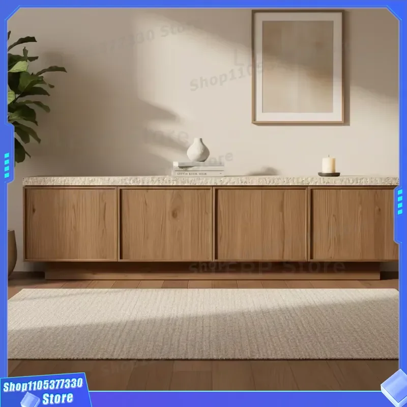 Solid Oak Wood TV Stand with Marble Top 4 Door Media Console Cabinet for American Living Room Furniture Set Deluxe Style Home