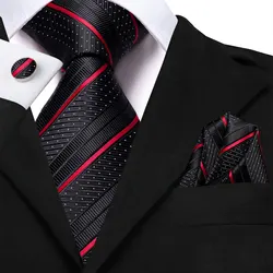 Hi-Tie Designer Black Red Striped Silk Wedding Tie For Men Handky Cufflink Gift Men Elegant Necktie Set Fashion Business Party