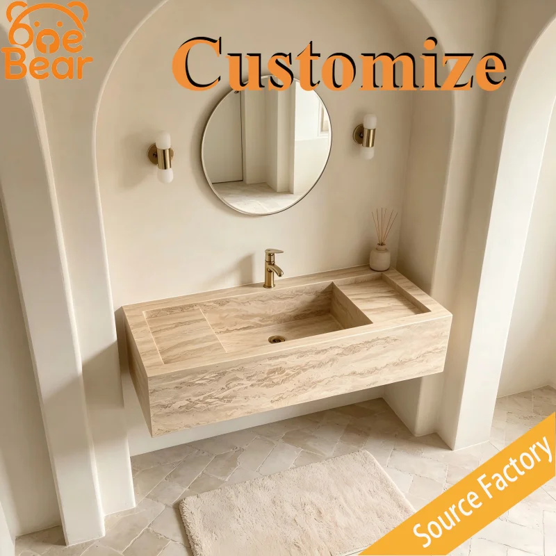 Wabi Sabi Travertine Floating Bathroom Vanity Natural Grain Wall Mounted Sink Multi Stone Choice Home Bath Wash Basin Furniture