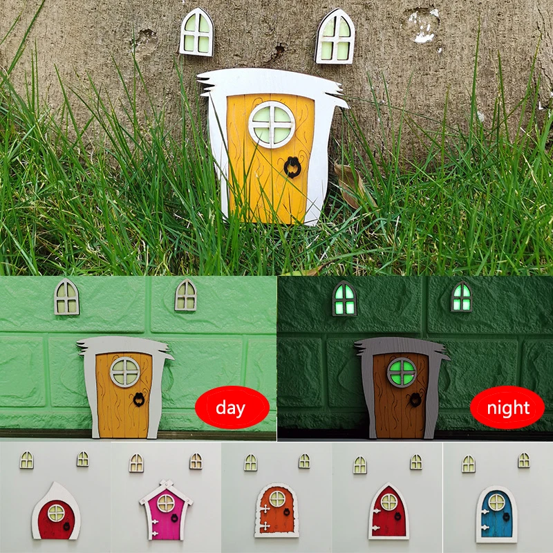 Luminous Garden Dollhouse Miniature Gnome Elf Figurines Window Door Furniture Household Scene Desktop Decor Gift for Children