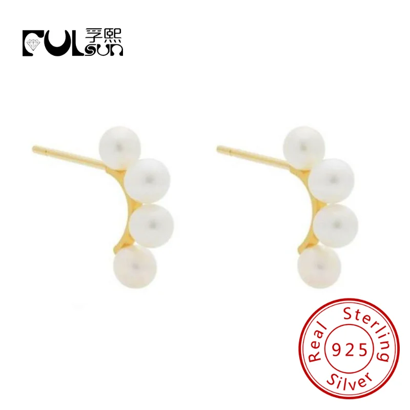 Fulsun 925 Sterling Silver Gold Plated Artificial Pearl Stud Cute Earring Women Girl Jewelry