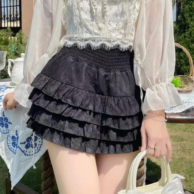 Women's Summer 2024 New Elastic High Waist Young Style Sweet Shirring Spliced Ruched Ruffles Solid Color Cake A-line Mini Skirts