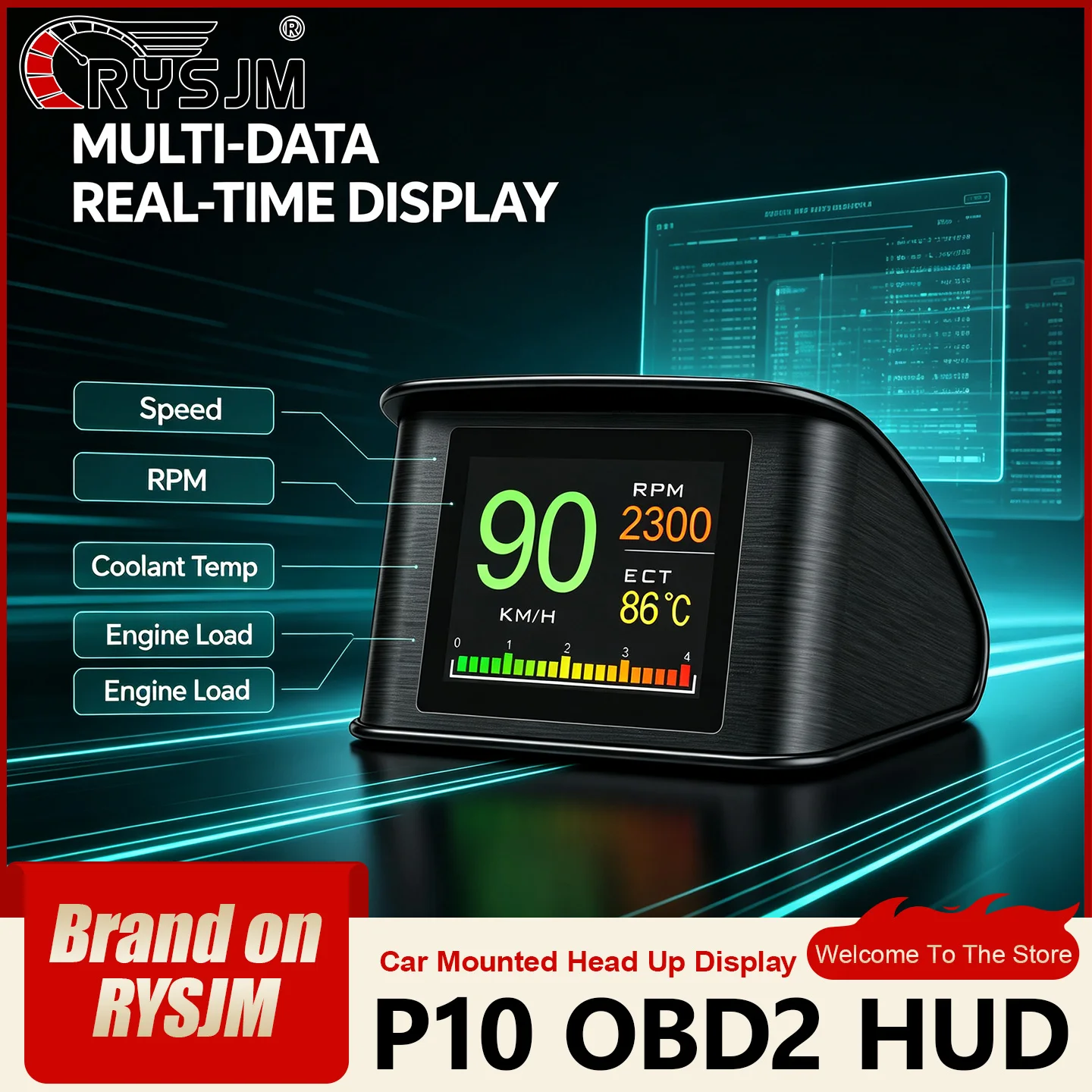OBD2 HUD Car Head Up Display P10 Digital Multi-function Dashboard Gauge Speed RPM Temp Fuel Consumption OBD Computer with Alarm