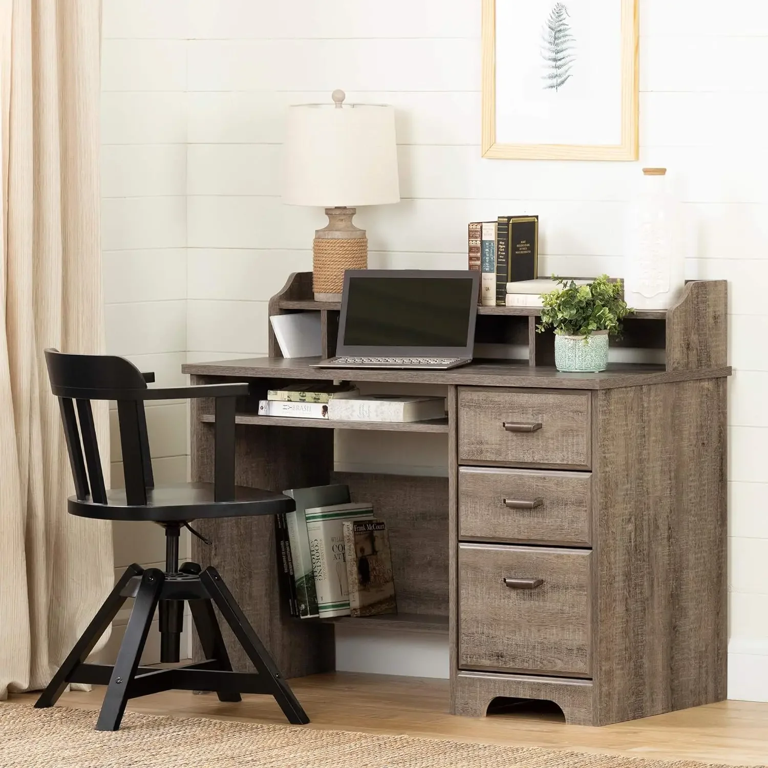 South Shore Versa, Weathered Oak Computer Desk with Hutch,