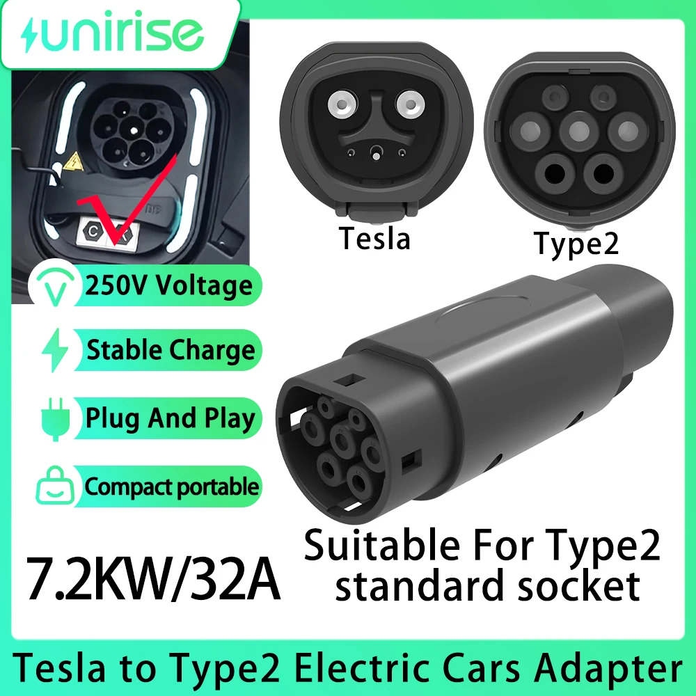 

Unirise NACS to Type2 car Charging adapter 32A 7.2KW Tesla Plug to IEC 62196 converter For electric vehicles EV Type2 Charger