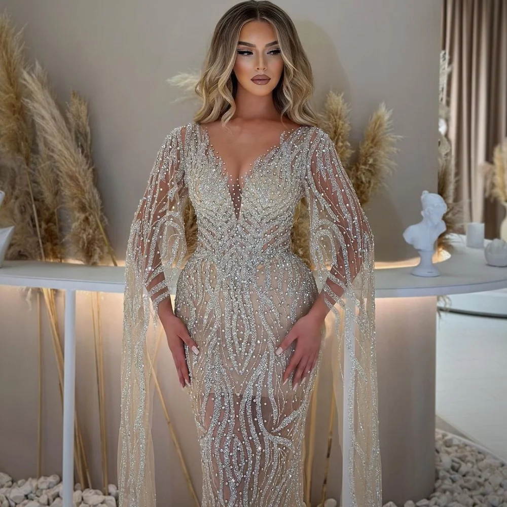 Sparkly Mermaid Evening Dresses Long Sleeves V Neck Sequins Appliques Lace Hollow Capes Plus Size Formal Prom Dress