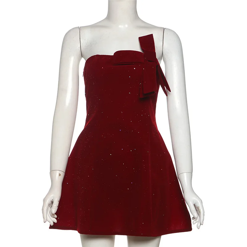 Fine Flash Mince Tempérament À La Mode Mini Moulante SylCue Femmes Élégantes Robe De Noël Croix Noeuds Wrap Sans Manches Dos Nu