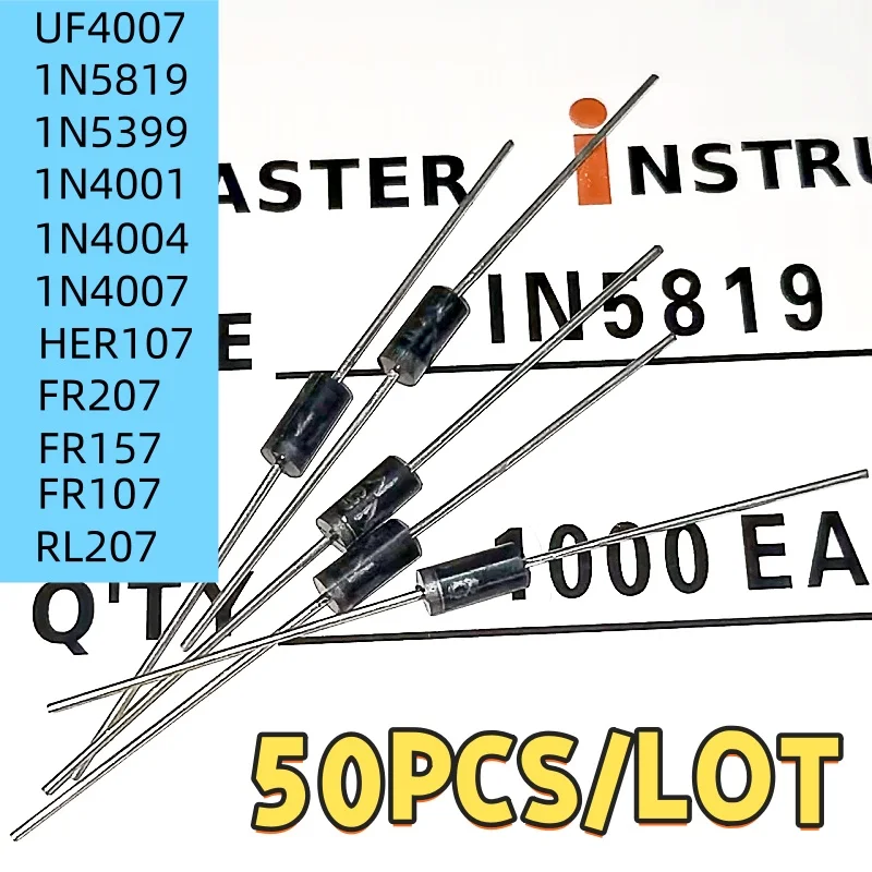 50PCS New 1N5819 1N5399 1N4937 1N4004 Schottky Rectifier Diode 1N4001 1N4007 UF4007 HER107 FR207 FR157 FR107 RL207 DO-41