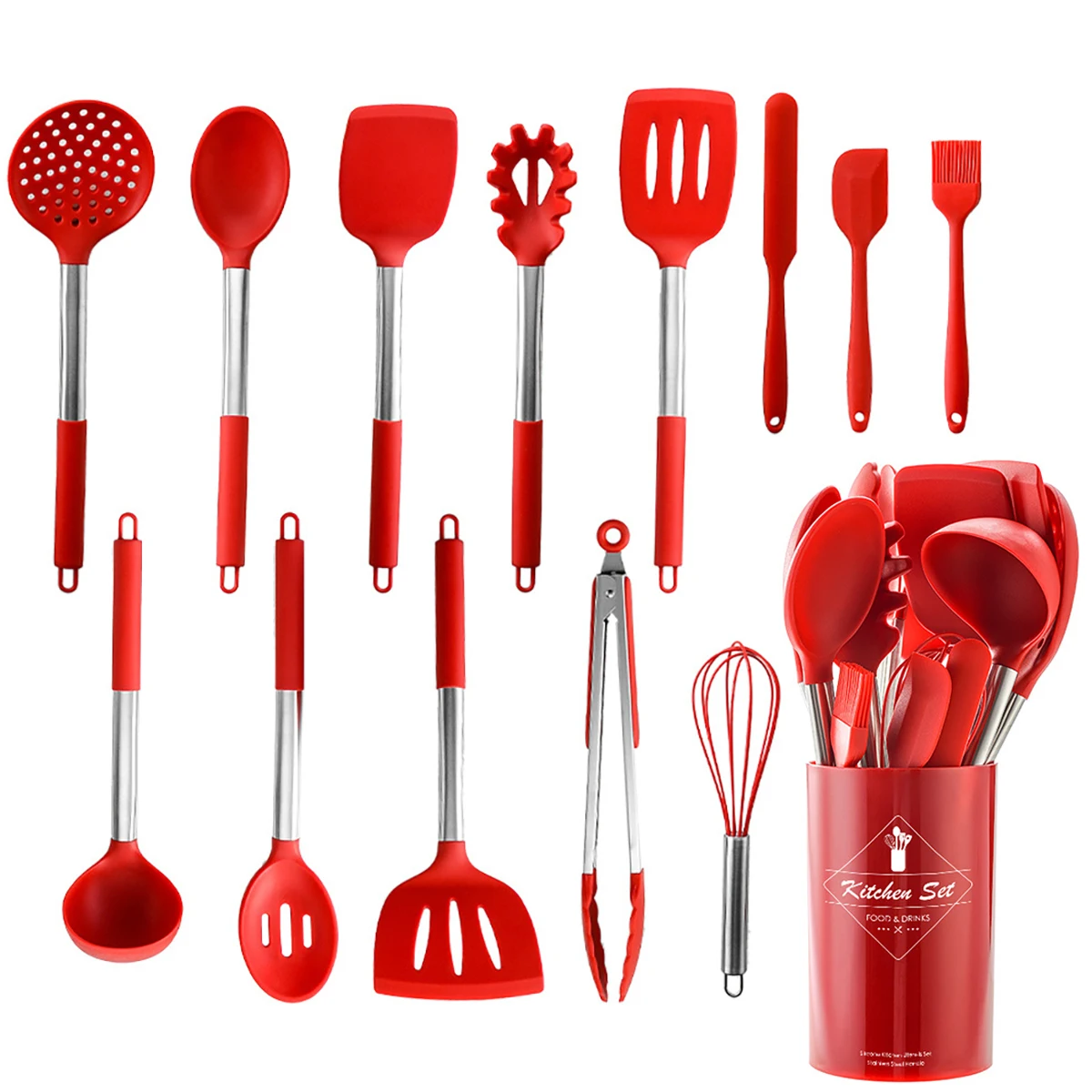 14pcs Red Silicone Kitchenware Non-stick Spatula Soup Spoon Kitchen Utensils with Storage Bucket Eggbeater Scraper Cooking Set