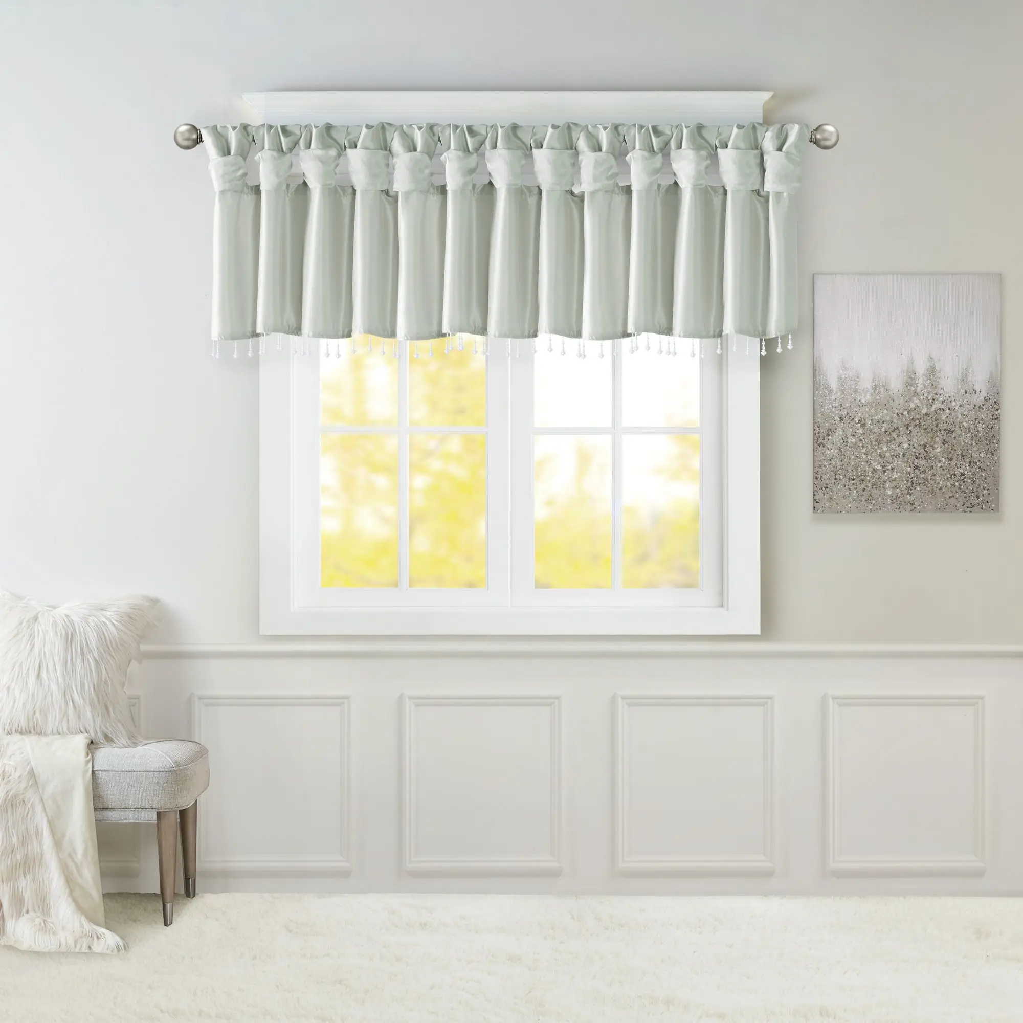 

Lightweight Faux Silk Valance With Beads Dusty Aqua 50x26"