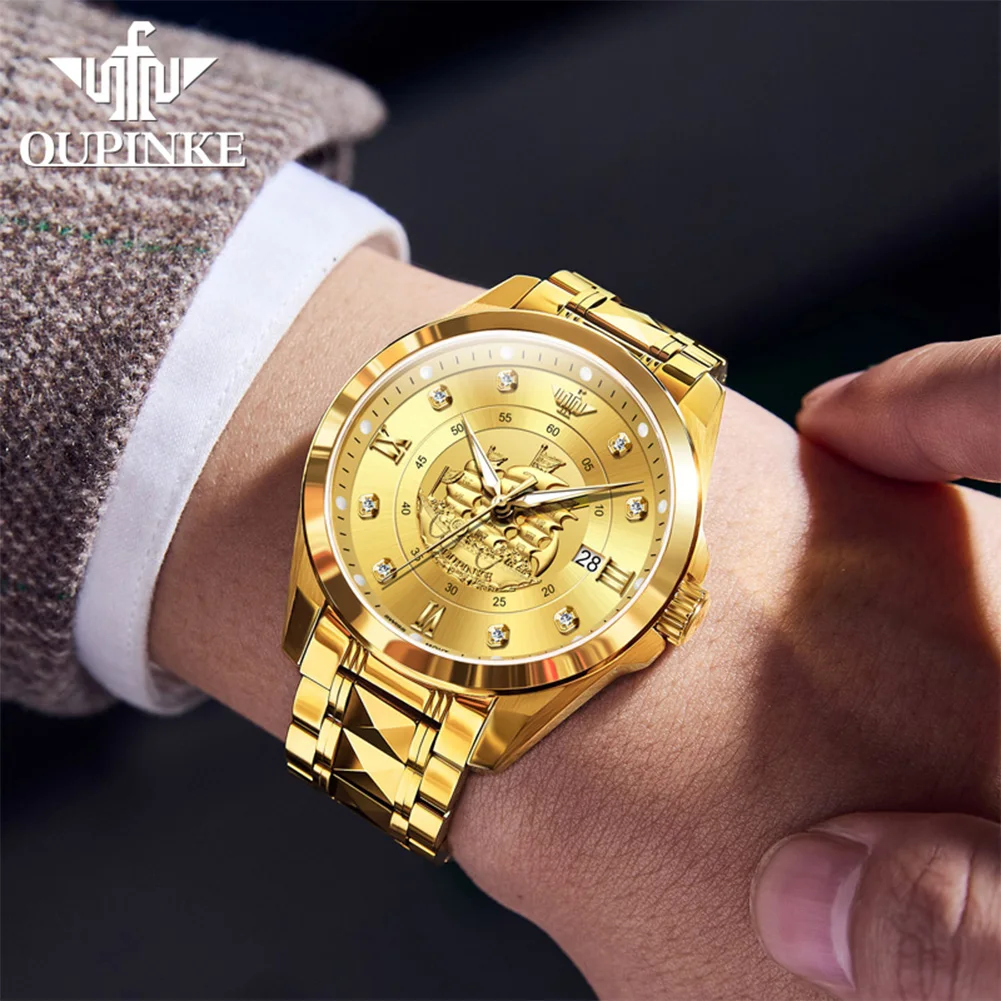 ساعات رجالية OUPINKE 3302 ذهبية فاخرة موضة أصلية ساعة ميكانيكية أوتوماتيكية للرجل التنغستن الصلب الياقوت مرآة التاريخ