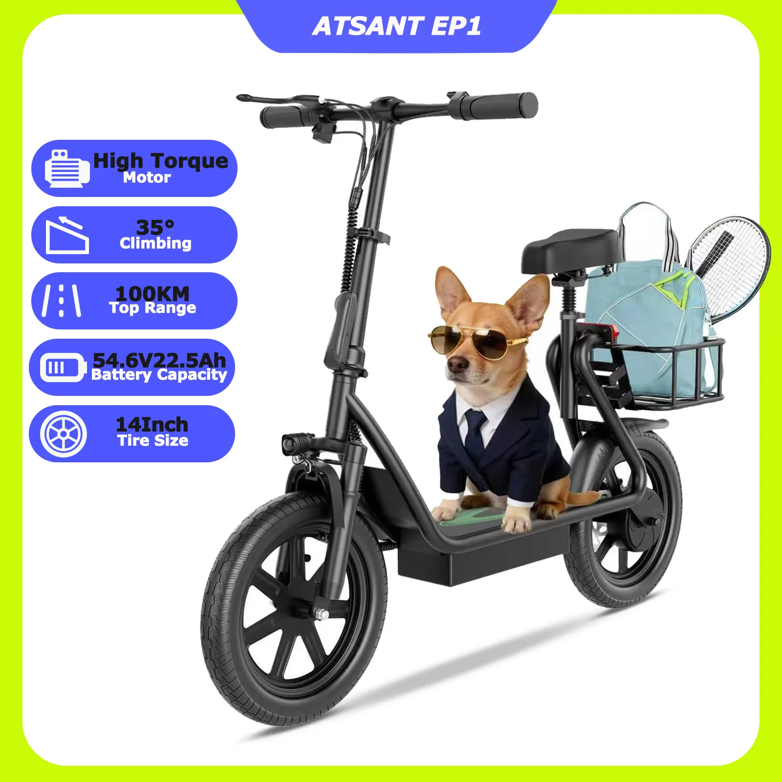 JUICEASE EP1 PRO Elektrofahrrad für Erwachsene 54,6V22,5Ah Hochleistungsakku 100KM Reichweite 14 Zoll Doppelfederung 35 ° Hügelfähiger E-Scooter mit APP-Steuerung für Pendler