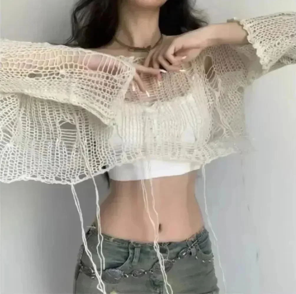 Cropped Hole Sweater Sexy Gyaru Hollow Out Knit Pullovers Goth Korean Long Sleeve Jumper Summer Fashion Sheer Knitwears Tops view 5