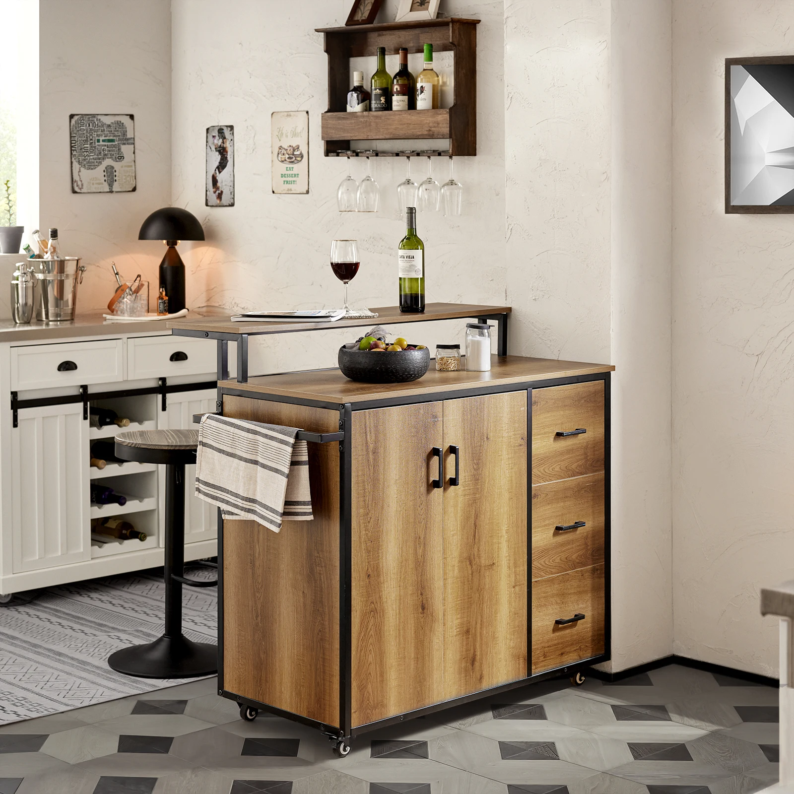 SoBuy KNL02-PF Design Küchenwagen mit Arbeitsplatte Kücheninsel mit Türen und Schubladen Sideboard auf Rollen Küchentrolley – Detail 1