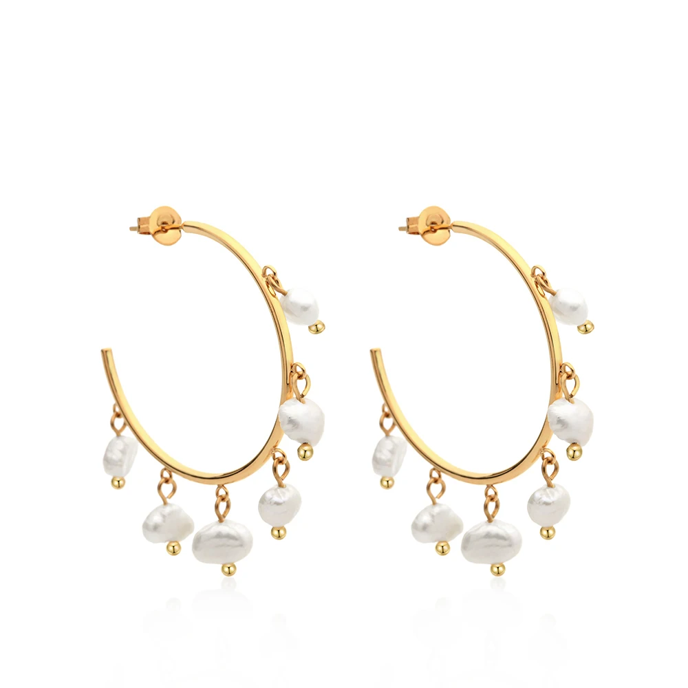

Varole Natural Freshwater Pearl Hopp Earrings for Women Gold Color Stainless Steel Earring Wedding Jewelry wholesale