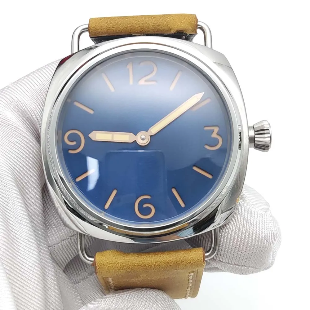 7 Colors 17Jewels 6497 Manual Mechanical Watch 45mm Blue No Logo Dial Luminous Manual Winding Watch Men's Watch Leather