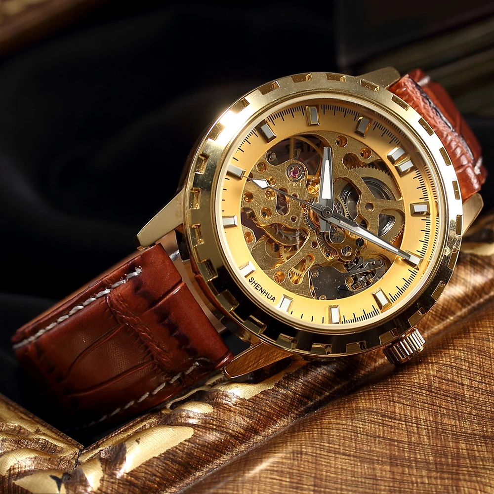 

SHENHUA Mens Watch Skeleton Automatic Mechanical Luxury Golden Leather Strap Male Clock Wristwatches Heren Horloges Montre Homme