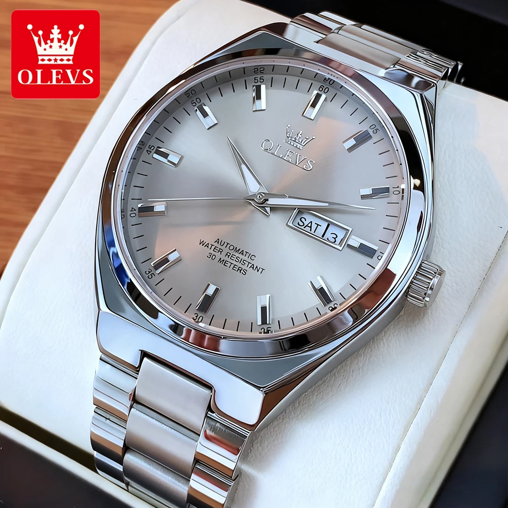 

Мужские часы OLEVS, лучшие брендовые часы, простые деловые часы с тонким стальным ремешком, оригинальные автоматические механические наручные часы для мужчин, водонепроницаемые, с функцией даты.
