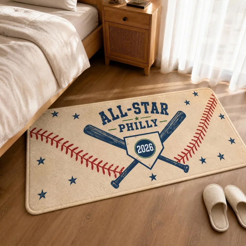 Vintage Baseball Graphic Flannel Runner Rug, Retro Sport Element Long Floor Mat, Non Slip Bedroom Decor Rug