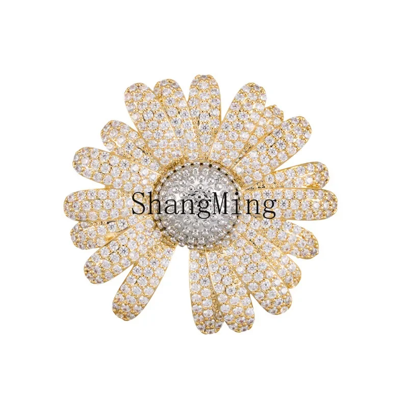 CLL fresh explosion full zirconium daisy brooch copper alloy two-color gold real gold electroplating micro-inlaid zircon