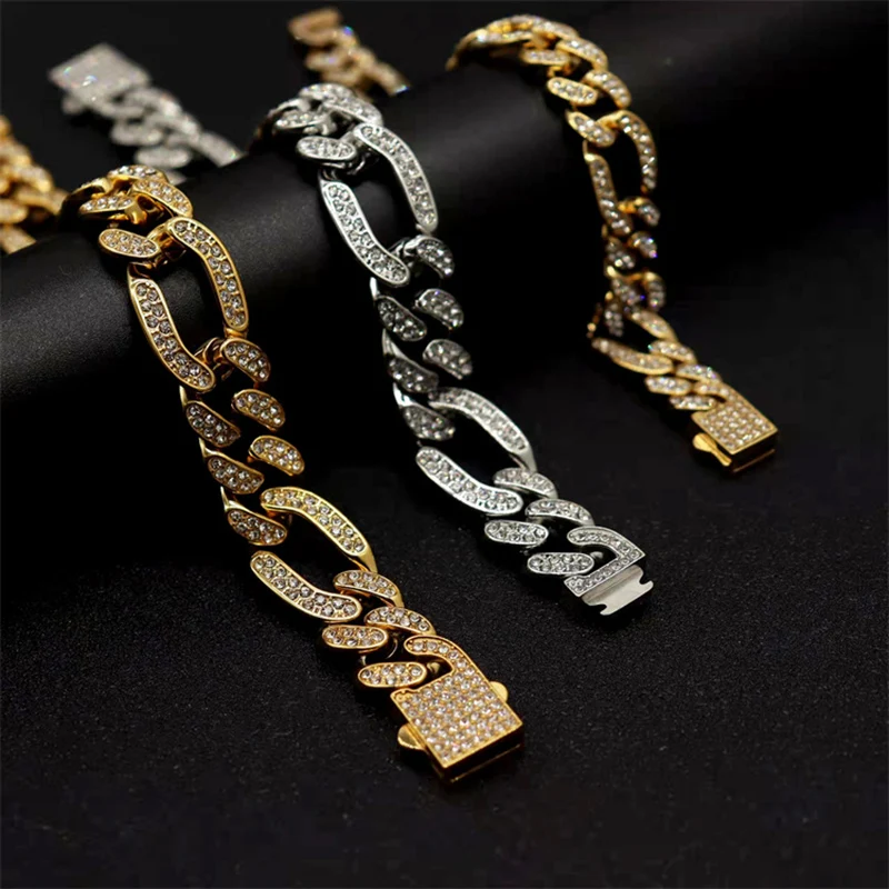 

Hip Hop Bling Iced Out Stainless Steel 3:1 Figaro NK Cuban Link Chain Bracelets for Men Rock Jewelry Gold Silver Color Gift