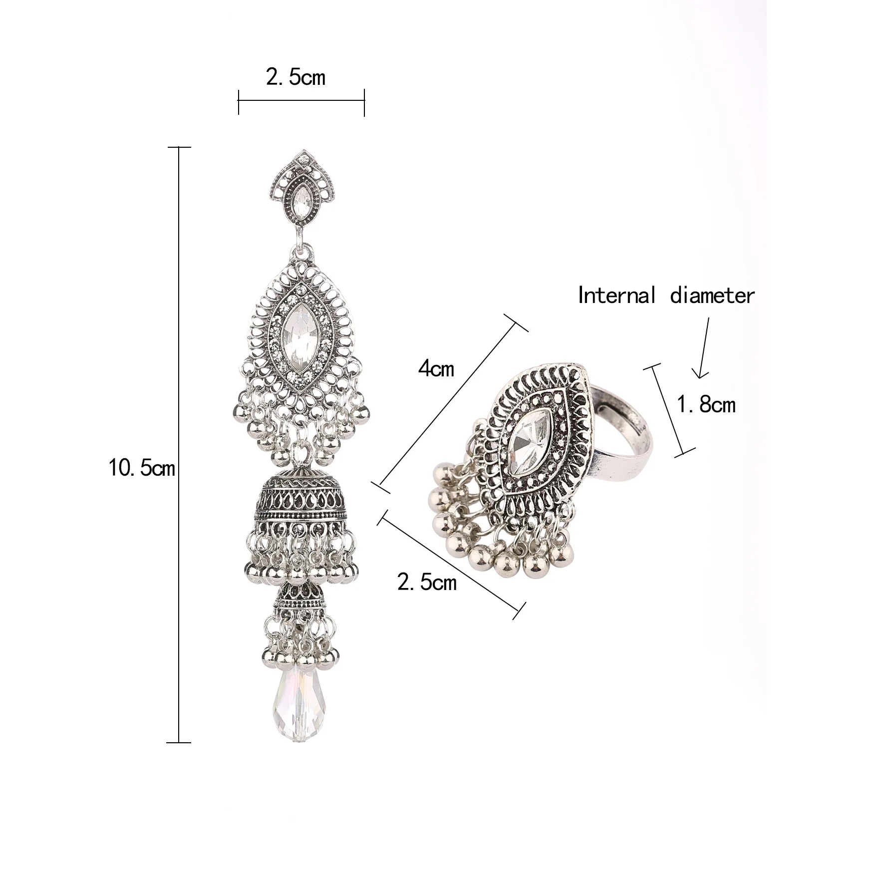 Ethnic Luxury Silver Color Long Dangle Earring Set White Crystal Water Drop Jewelry Set for Women Vintage Indian Brincos Jewelry