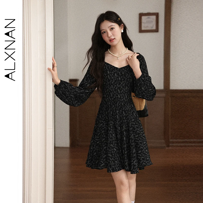 ALXNAN Black Floral Dress Women's Autumn Long Sleeve French Dress 2025 Autumn Holiday Beach Party Casual Female Clothing L57136