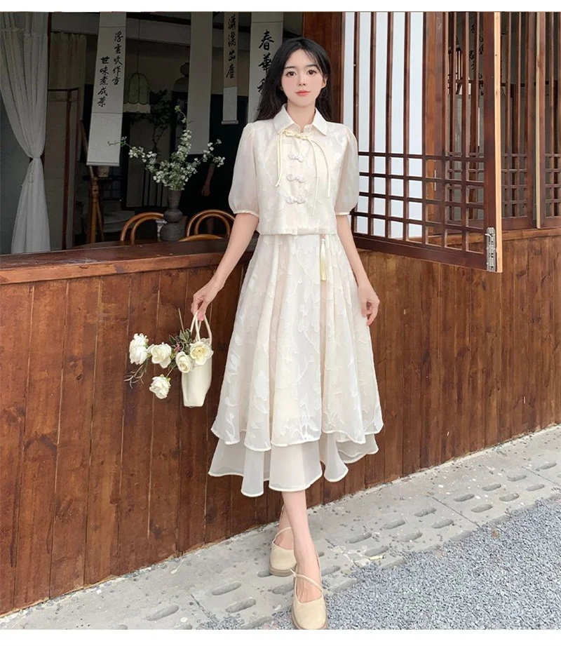 New Chinese Style Buckle Retro 2025 Summer New Set Floral Plus Size Gentle And Elegant Dress