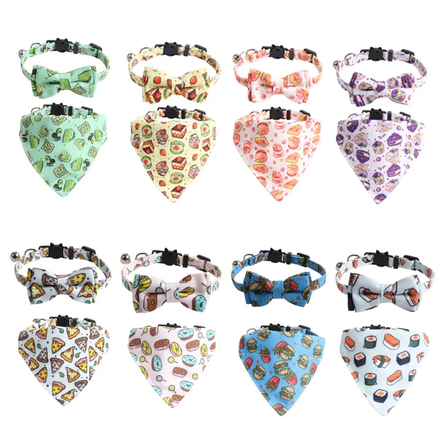 Small Cat Collar Safety Breakaway Buckle with Bell Quick Release Bowknot Goats Bandana Personalized Fruit Donut Cake Pattern