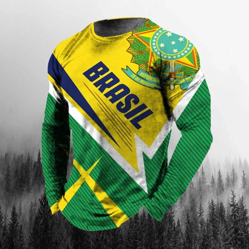 Camiseta de manga larga para hombre, de estilo informal, con cuello redondo, de corte amplio, con estampado 3D de la bandera brasileña de estilo vintage, ideal para el otoño. Prenda de moda para hombre.